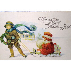 Christmas Postcard Girl Seated On Snow Sled Gifts Wearing Muff Series 501 Unused